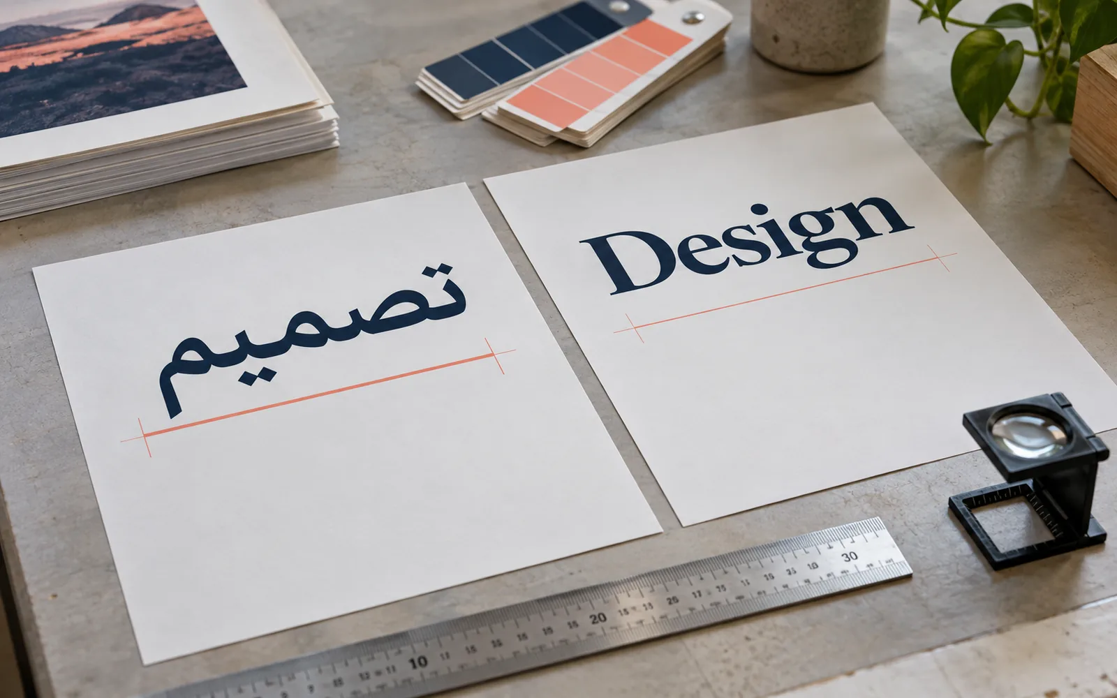 بروفات مطبوعة تقارن ترتيب عنوان عربي وإنجليزي مع مسطرة